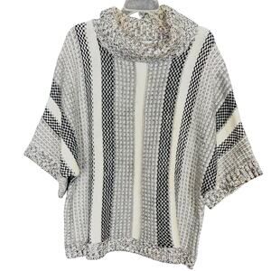 Striped Sweater Womens Med Loose Knit Gray White Black Cowl Pullover Slouchy